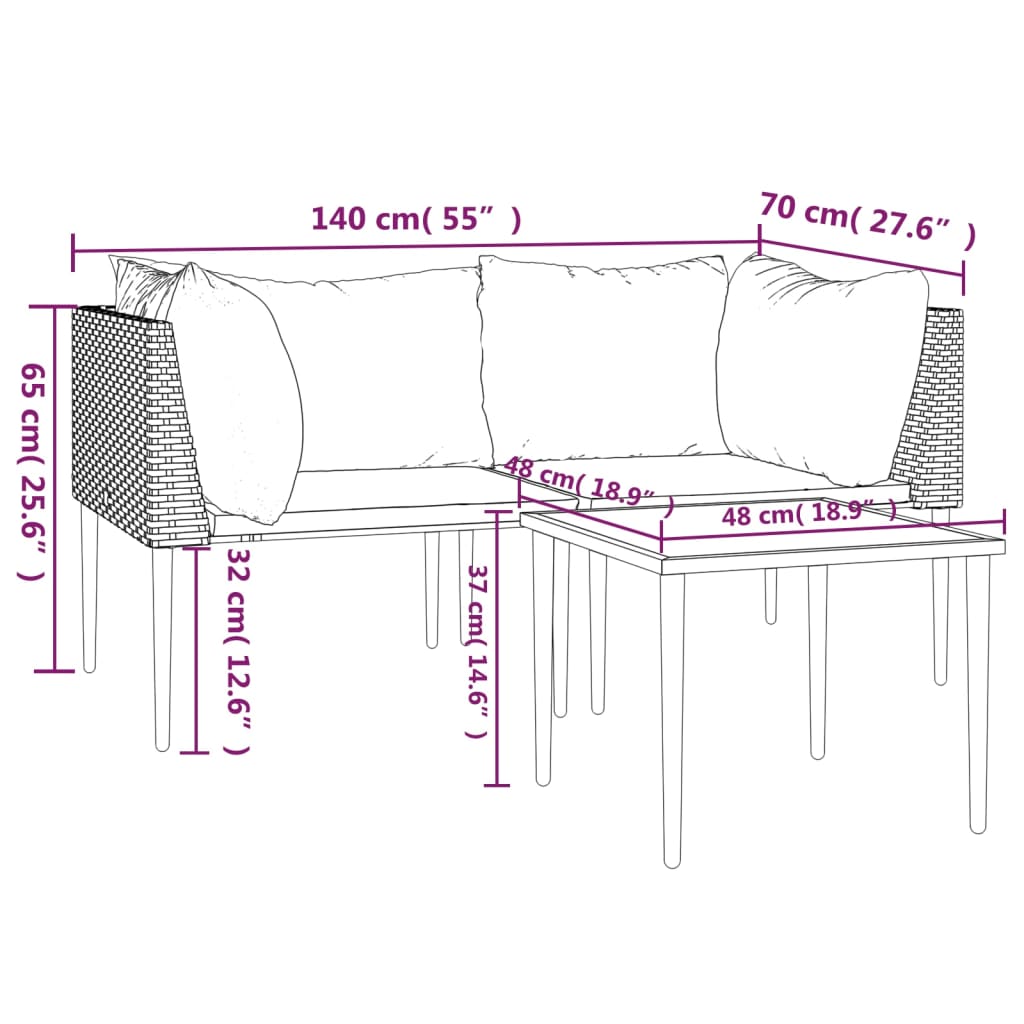 3-Delige Loungeset Met Kussens Poly Rattan Grijs